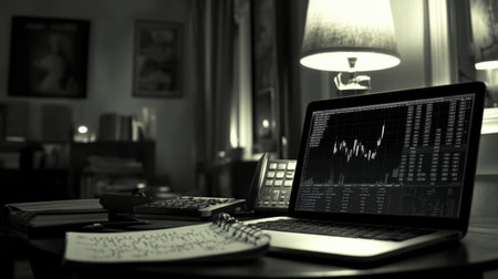 A cozy home office at night featuring a laptop displaying financial data and charts, surrounded by a lamp, papers, and a calculator, perfect for remote work.の素材