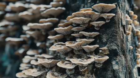 A detailed close-up of mushrooms growing on a textured tree trunk, showcasing the beauty and complexity of fungi in a natural environment. Perfect for nature enthusiasts.の素材