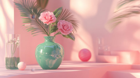 A serene and elegant arrangement of pink flowers in a green vase, set against a soft pastel background. Perfect for home decor and nature-themed designs.の素材