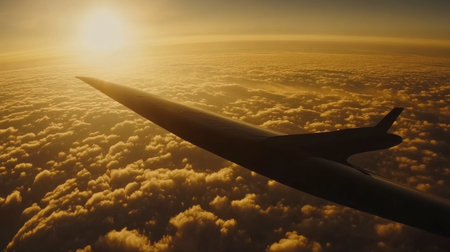 Experience a breathtaking sunset view from an aircraft wing above fluffy clouds, capturing the vibrant colors and endless beauty of the sky.の素材