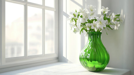 A beautiful arrangement of fresh white flowers in a vibrant green vase, set near a window, capturing sunlight and bringing a serene atmosphere to any interior space.の素材