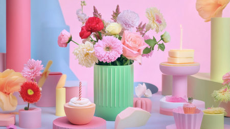 A vibrant floral arrangement displayed in a pastel setting, featuring colorful flowers, candles, and decorative elements, ideal for celebrations and events.の素材