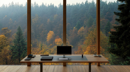 A modern office space featuring a sleek desk and computer, framed by large windows revealing a vibrant autumn forest. Perfect for inspiration and tranquility.の素材