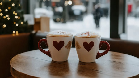 Two cozy coffee cups sit on a wooden table, featuring heart designs, inviting warmth amidst a snowy winter backdrop, perfect for a comforting moment.の素材