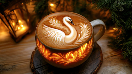 A beautifully crafted latte art featuring an elegant swan in a coffee cup, illuminated by warm lights, perfect for cozy moments and winter relaxation.の素材