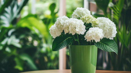 A beautiful arrangement of white hydrangeas in a vibrant green pot, set against a lush indoor backdrop, creating a tranquil and fresh atmosphere.の素材