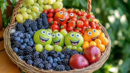 A vibrant basket filled with colorful fruits featuring cheerful smiling faces. Perfect for representing health, freshness, and joy in a playful manner.の素材