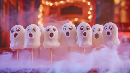 A playful arrangement of ghost-shaped treats stands out against a whimsical backdrop. Perfect for Halloween parties or festive celebrations, these sweet delights enchant both kids and adults alike.の素材