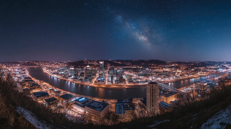 A spectacular night view of a city skyline illuminated by lights, set alongside a winding river under a starry sky, offering a serene landscape.の素材