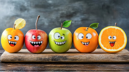 A vibrant and playful display of cartoon fruit characters, featuring smiling apples, oranges, and lemons on a wooden board. Perfect for cheerful and fun projects.の素材