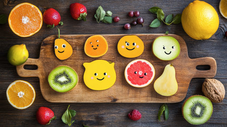 A delightful arrangement of cute fruits with smiley faces on a wooden board, showcasing vibrant colors and healthy options for a cheerful kitchen.の素材