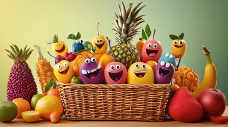 A delightful arrangement of colorful fruits featuring cheerful faces. This playful display brings joy and vibrancy, perfect for fruity themes.の素材