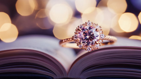 A stunning diamond ring sits atop an open book, surrounded by soft, twinkling lights, capturing the essence of romance and elegance in a beautifully crafted image.の素材