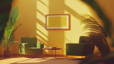 This cozy modern living room features green furniture, a minimalist design, and vibrant plants. Sunlight casts soft shadows, creating a peaceful atmosphere.の素材