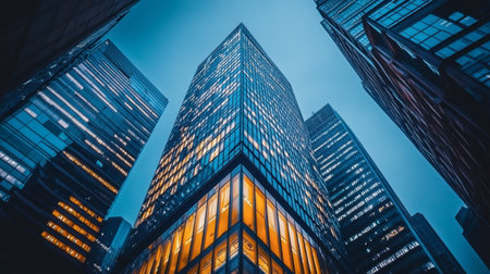A striking view of a modern urban building illuminated at night, showcasing sleek glass and dynamic architectural lines in an urban setting.の素材