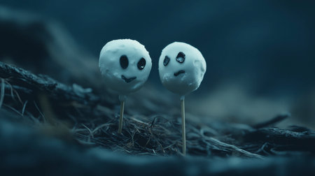 Two whimsical characters on sticks represent contrasting emotions in a dark, moody forest setting, showcasing creativity and playful design.の素材