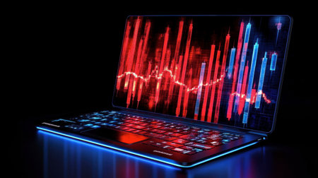 A modern laptop displays vibrant red and blue data visualization, representing financial trends and analysis in a sleek digital environment.の素材