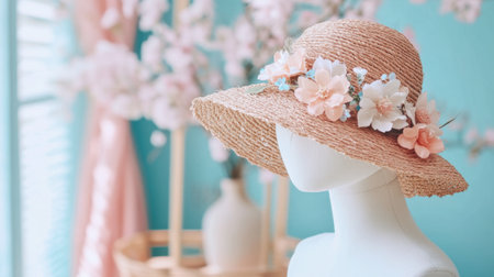 A beautiful straw hat adorned with floral accents displayed on a mannequin. Perfect for spring or summer decor, adding charm and elegance to any space.の素材
