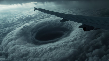 An airplane wing stretches over a mysterious cloud formation, revealing a dramatic hole in the haze. This captivating scene embodies the awe of aviation and nature's power.の素材