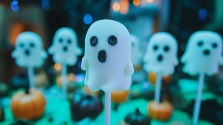 Adorable ghost-shaped treats await at this festive Halloween party. Perfect for celebrations, they add a playful touch to any spooky gathering.の素材