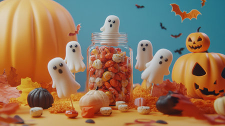 A playful Halloween scene featuring cute ghost decorations and a jar filled with colorful treats, perfect for festive celebrations and autumn gatherings.の素材