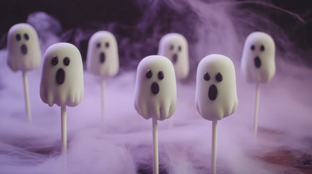 Adorable ghost cake pops perfect for Halloween festivities. These delightful treats bring a fun and spooky vibe to any celebration. Great for parties!の素材