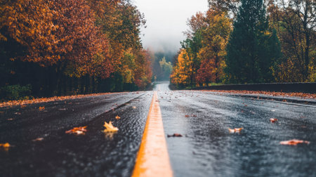 A tranquil scene of an autumn road coated in rain, surrounded by vibrant foliage. The misty atmosphere creates a serene, refreshing environment for nature lovers.の素材