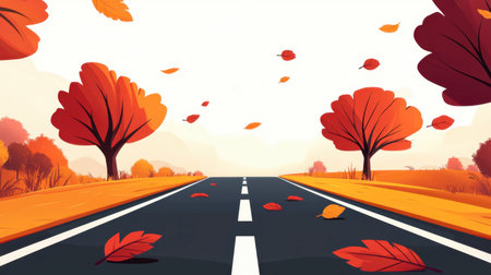 A serene autumn road lined with vibrant trees and falling leaves. The scene captures the essence of the season with warm colors and a tranquil atmosphere.の素材