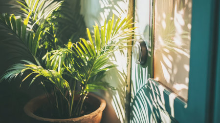 A vibrant indoor plant basking in sunlight, casting beautiful shadows on a wall. This tranquil scene adds freshness and warmth to any interior space.の素材