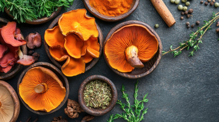 Explore a vibrant collection of fresh mushrooms and herbs arranged beautifully on a dark surface, perfect for culinary enthusiasts and food presentations.の素材