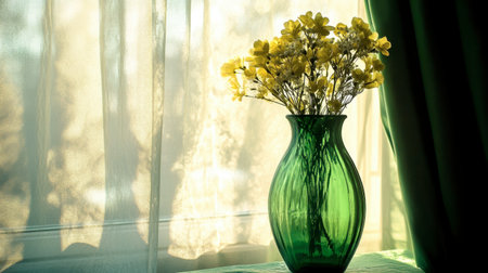 A serene composition featuring bright yellow flowers in a green vase, softly illuminated by natural light coming through a window, creating a warm and inviting atmosphere.の素材