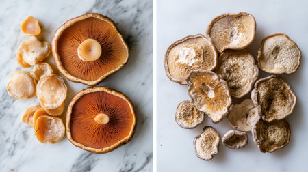A beautiful arrangement of dried mushrooms on a marble surface, showcasing their rich textures and colors, perfect for culinary presentations and healthy recipes.の素材