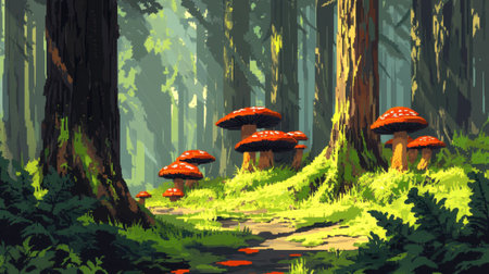 Discover a magical forest scene featuring vibrant red mushrooms amidst tall trees and lush greenery. Perfect for nature lovers and fantasy themes.の素材