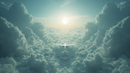 A serene scene of an airplane soaring through fluffy clouds, illuminated by the soft light of sunrise, capturing the essence of freedom and exploration.の素材