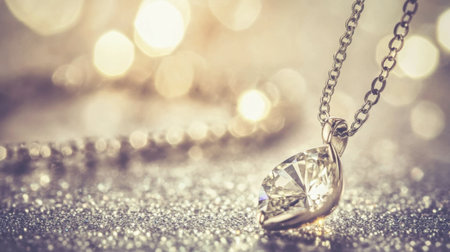 A stunning close-up of an elegant diamond pendant resting on a glittering surface, capturing the essence of luxury and refined beauty in jewelry design.の素材