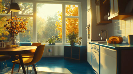 A cozy kitchen featuring warm autumn tones and natural light. Sunlight streams through large windows, illuminating fresh flowers and modern decor.の素材
