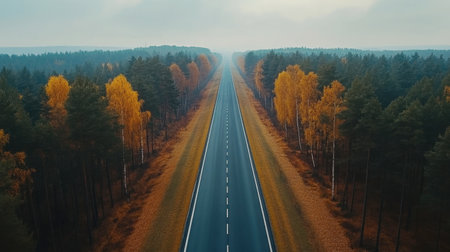 A tranquil view of an empty road winding through a vibrant autumn forest. The scene is serene, featuring colorful trees and a misty horizon.の素材