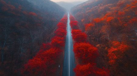 A beautiful aerial view of a winding road surrounded by vibrant red autumn foliage. The misty atmosphere adds a serene touch to the colorful scene.の素材