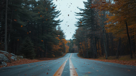 A picturesque view of a winding road through an autumn forest, with vibrant leaves falling gently. Ideal for projects focusing on nature and seasonal change.の素材