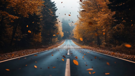A tranquil road surrounded by autumn trees, showcasing falling leaves in a picturesque landscape. Perfect for depicting journeys and serene nature.の素材