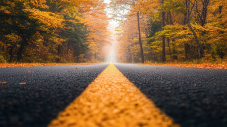 Captivating view of an empty road surrounded by vibrant autumn foliage, showcasing warm colors and a serene atmosphere perfect for travel and exploration.の素材