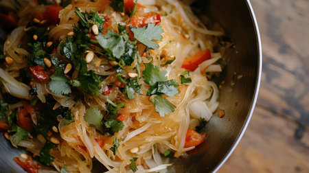 A vibrant Asian salad featuring glass noodles, fresh vegetables, and herbs. Perfect for healthy meals, this colorful dish offers delightful flavors and textures.の素材