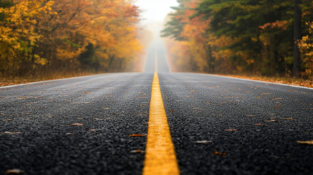 A misty autumn road lined with vibrant trees creates a serene atmosphere. The yellow line guides the viewer through the foggy landscape, evoking a sense of journey and tranquility.の素材