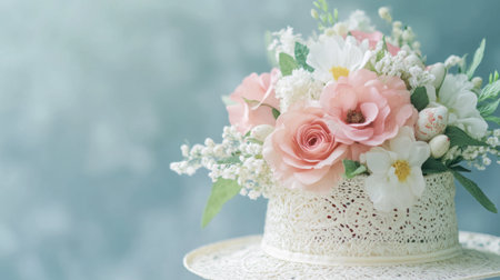 Delight in this elegant floral arrangement featuring soft roses and daisies, beautifully nestled in a vintage hat, perfect for spring themes and celebrations.の素材