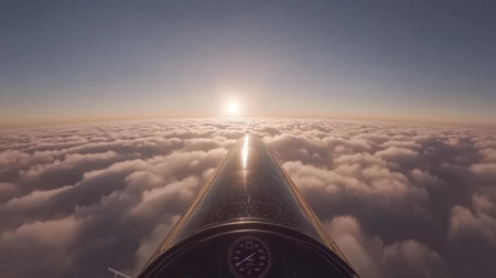 Experience a breathtaking aerial view above a cloud layer at sunrise, showcasing the beauty of nature and the thrill of aviation. Perfect for travel themes.の素材