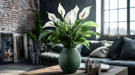A stunning indoor plant arrangement featuring elegant white flowers in a green vase, set in a stylish modern living room, enhancing the serene atmosphere.の素材