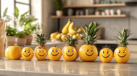 A cheerful arrangement of fruits featuring pineapples and oranges with smiley faces, creating a playful kitchen decor that radiates happiness and freshness.の素材