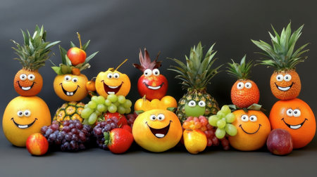 A playful arrangement of vibrant fruits with cheerful smiling faces. This colorful display features pineapple, oranges, apples, and grapes, evoking joy and freshness.の素材