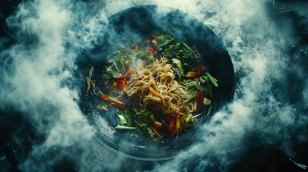 A vibrant plate of stir-fried noodles mixed with fresh vegetables, enveloped in steam. Perfect for showcasing culinary creativity and deliciousness.の素材