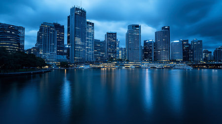 A stunning city skyline captured at twilight, showcasing modern architecture and vibrant reflections on calm water. Ideal for urban-themed projects.の素材